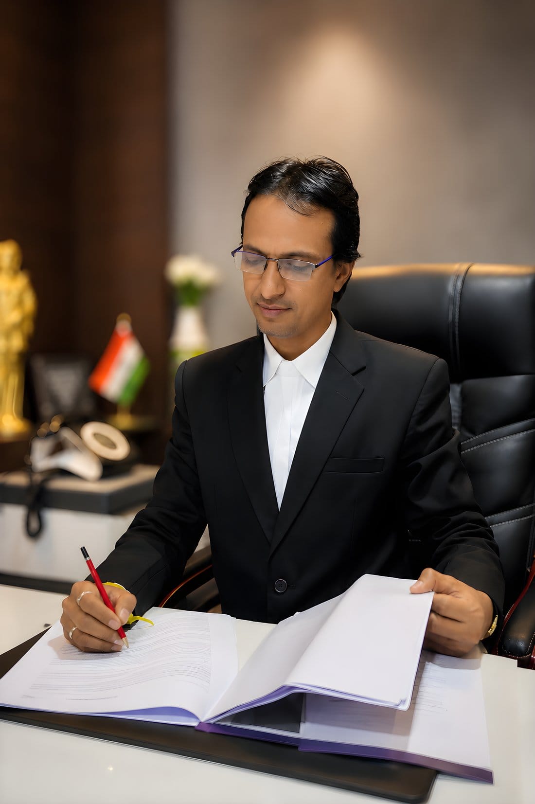 Adv. Indrajit Dongre reviewing case papers at the Kasba Peth chamber